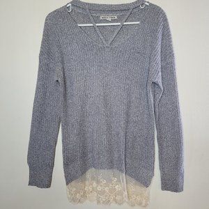 Moral Fiber Knit Sweater Gray Small Lace Hem Cut-Out Neckline Women's Dainty